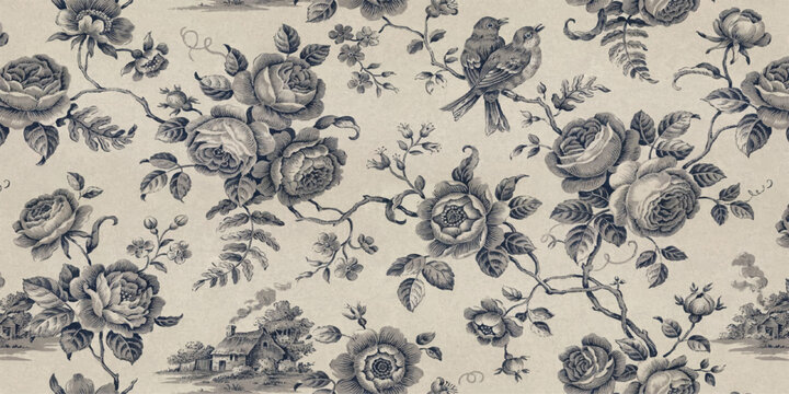 Vintage toile pattern with roses birds and pastoral scene on textured cream background