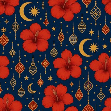 Malaysia Independence Day Seamless Pattern with Hibiscus Rosa Sinensis National Flower Crescent Moon and Star National Symbols on Dark Blue Background for Merdeka Day Fabric Textile Wrap