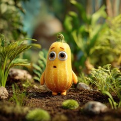 Fototapeta premium Charming anthropomorphic butternut squash character with expressive eyes standing on forest floor surrounded by lush green foliage and soft natural light