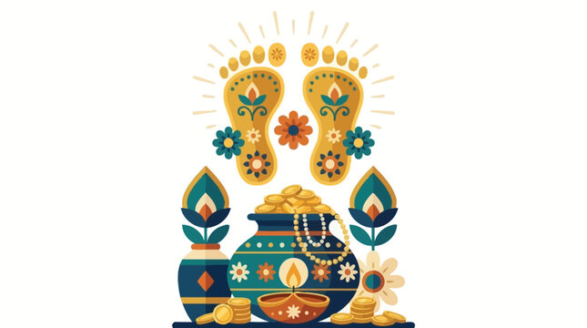 A festive illustration of Lakshmi footprints with a golden pot