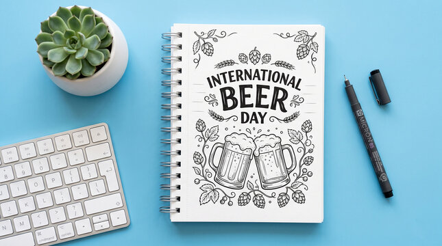 International Beer Day hand-drawn illustration in a spiral notebook on a blue background, flat lay workspace with keyboard, succulent, and pen.