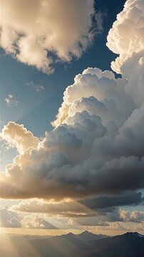 Breathtaking 3D CGI rendered expansive sky with massive cumulus and stratocumulus clouds illuminated by golden hour volumetric light rays piercing through over mountains