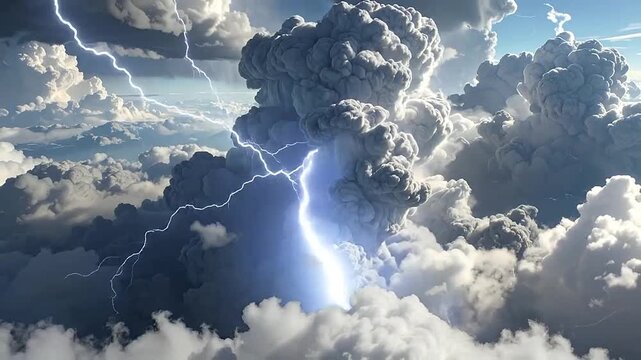 A powerful lightning bolt strikes through massive dark storm clouds in the high atmosphere