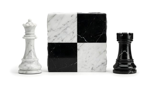 Isolated white marble chess pieces and a checkered cube on a white background