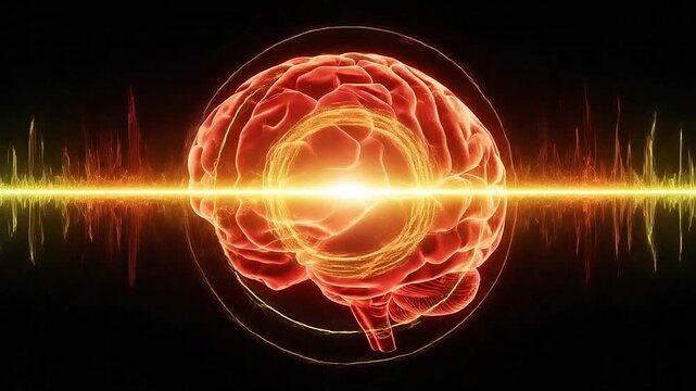 A glowing human brain model surrounded by digital energy waves on a dark background