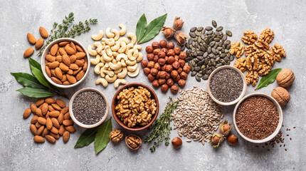 Assorted healthy nuts and seeds flat lay. Organic superfood ingredients for vegan diet. © Food Shop