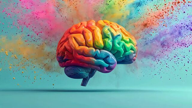 A vibrant human brain model surrounded by a colorful explosion of fine powder particles