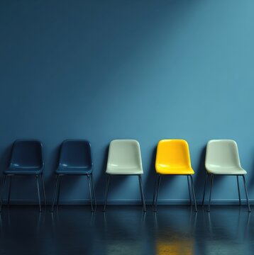 A row of stylish modern chairs against a blue wall featuring one vibrant yellow seat standing out among muted navy and gray tones in a minimalist interior setting