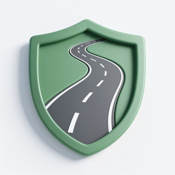 A minimalist, green shield icon with a winding road, symbolizing protection and journey, created in a simple, modern style with a white background.