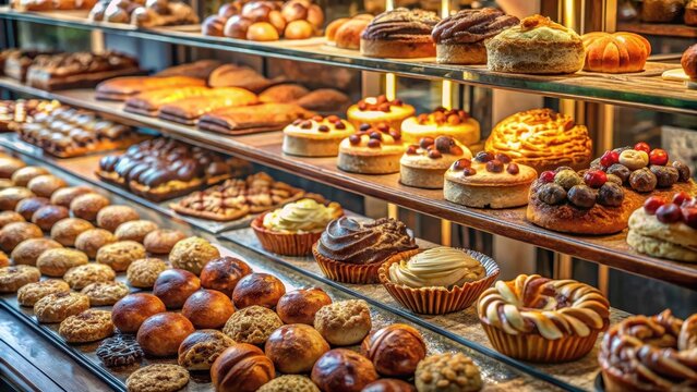 Delicious pastries on a bakery window closeup