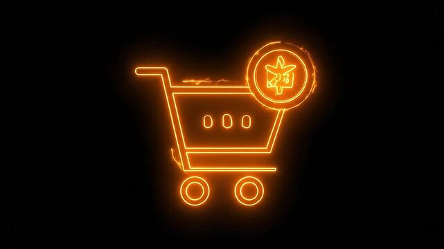 A glowing orange neon shopping cart icon isolated on a dark background