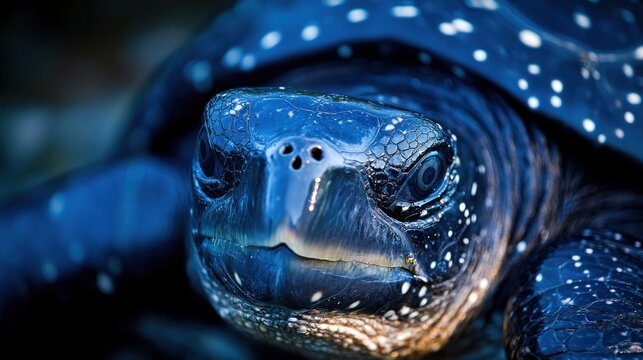 Close-up of a speckled blue turtle's head.