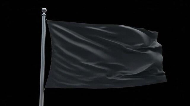 A plain black flag waving on a metal pole against a dark background