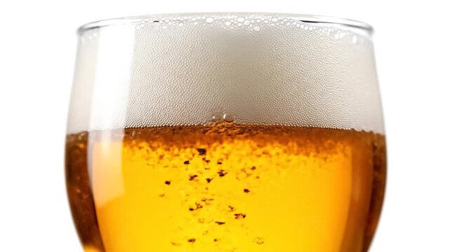 A close up view of golden beer with thick white foam head