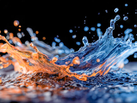 Vibrant orange and blue liquid splashes dynamically collide against a dark background creating an abstract and energetic water movement scene for artistic expression