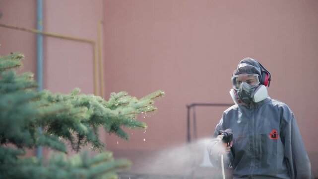 Worker in protective coverall sprays fine mist onto evergreen branches outdoors, side view with slightly elevated angle, showing white droplets, wet foliage, and safety gear