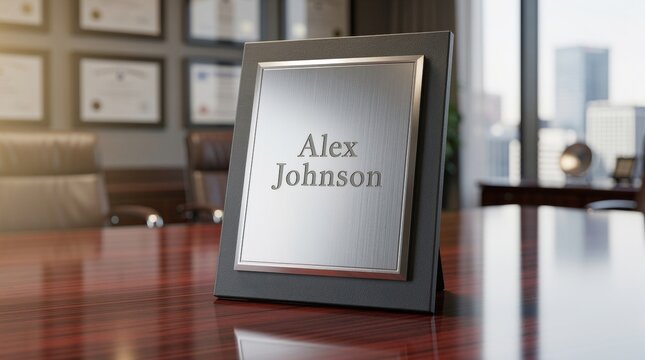 Personalized Recognition Award Plaque for Alex Johnson on Wooden Desk