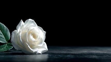Fototapeta premium Single elegant white rose flower with green leaves resting on dark surface against black background symbolizing purity and simplicity in floral still life compositio