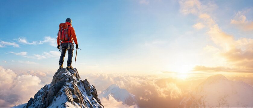 Man mountaineer standing on high mountain peak looking at sunset. Alpinist with backpack and ice axe conquering summit. Achievement, success, extreme sport and travel concept. Banner with copy space