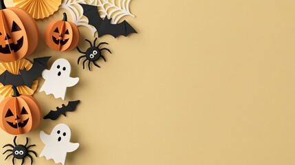 Fototapeta premium Halloween paper craft flat lay, charming ghost figures, pumpkins, bats and spiders arranged around copy space. Minimal background for party invitations, social media, packaging and festive branding