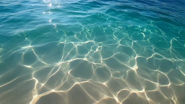 Clear blue water with bright sunlight reflections on the sandy bottom