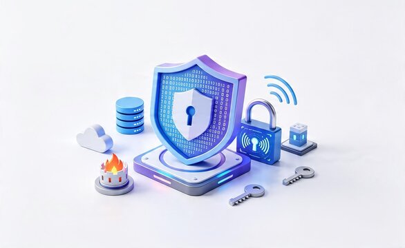 3D illustration of cybersecurity elements with shield and padlock