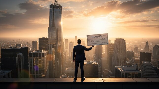 Businessman Holding Bonus Check High Above City Skyline at Sunset