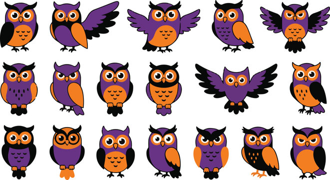 Halloween owl characters collection in purple and orange with halloween character illustration collection creature wildlife isolated background decoration resource creativity seasonal