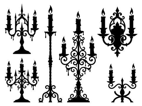 vector Ornate vintage candelabras with lit candles in silhouette, evoking gothic and halloween themes on transparent background