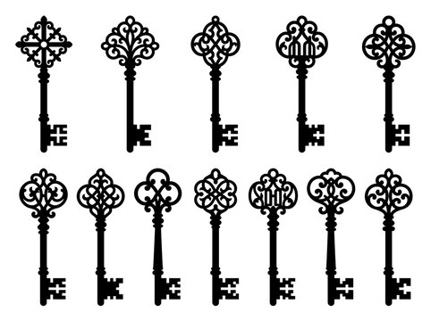 vector Collection of ornate antique skeleton keys in a grid pattern, black silhouette on white background, vintage design elements on transparent background