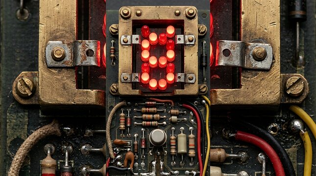 Vertical Macro Photograph of Retro Glowing Crimson Light Emitting Diodes Featuring Burnished Brass Structural Supports and Vintage Electronic Components  vintage red led diode macro vertical