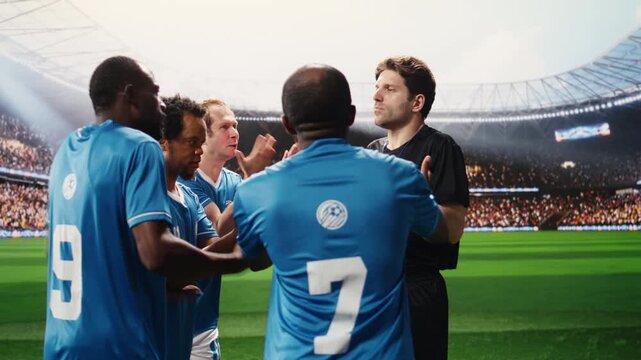 Soccer referee in black showing yellow card to protesting player on pitch, teammates confronting match official and complaining about decision, disciplinary action moment.