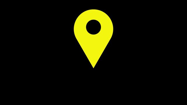 Yellow location marker icon (pin) in 2D format&mdash;a navigation symbol on a black background. 4K video animation
