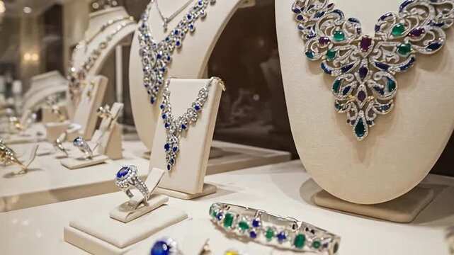 Elegant jewelry display featuring necklaces and rings in a boutique store