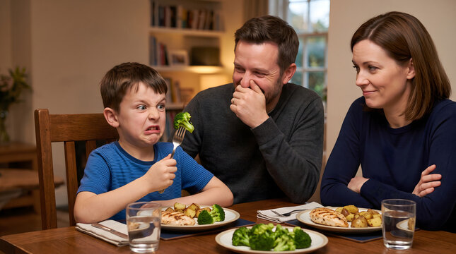 Picky eater child makes disgusted face at broccoli parents react