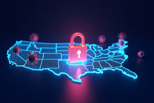 Conceptual illustration of USA map lockdown with glowing neon borders and red lock surrounded by virus particles symbolizing quarantine and pandemic restrictions