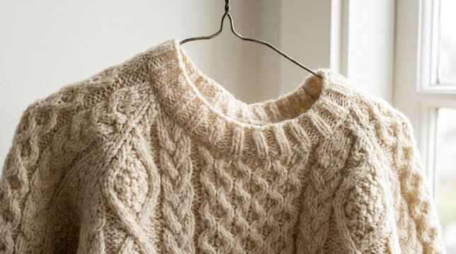 Close-up of a cozy cable-knit wool sweater hanging indoors by a window in natural light