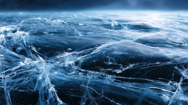 Detailed view of transparent cracked ice layers creating an intricate pattern over a dark frozen water surface in cold natural environment