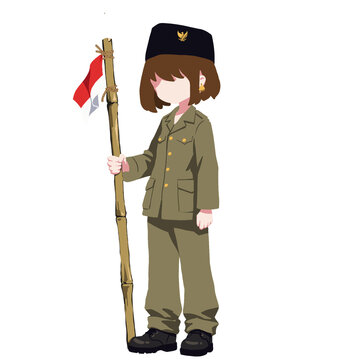 Chibi Faceless Indonesian Independence Day Female Hero holding Bamboo with Flag