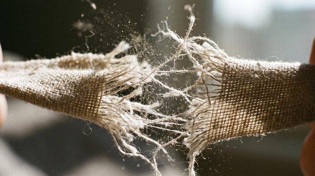 Detailed macro shot of strong fabric tearing, fibers scattering in a dynamic moment