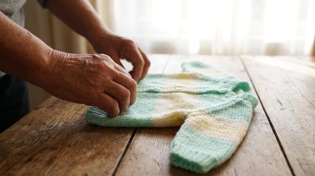 Elderly hands gently folding a soft, pastel knitted infant garment on a rustic wooden table.