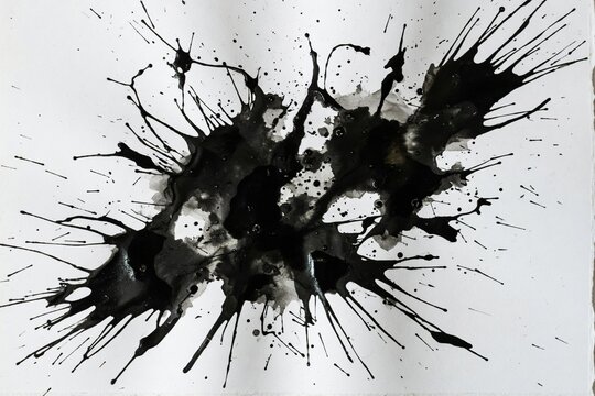 Ink abstract black splash on white paper art