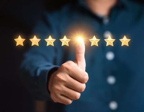 hand giving five stars rating for online customer experience and excellent service feedback