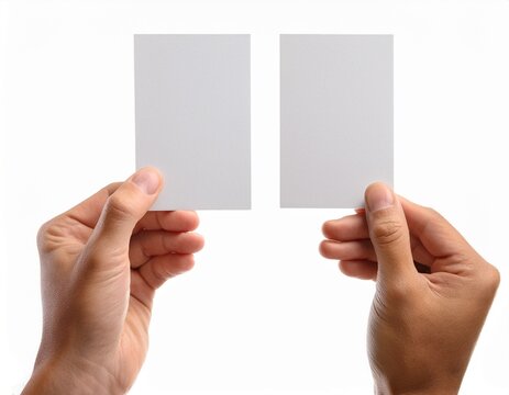 hands holding blank white cards in different positions isolated on white background
