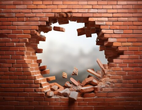 brick wall breaking through creating copy space symbolizing breakthrough progress and freedom