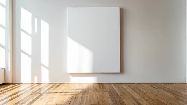 Blank Canvas in Sunlight: An empty white canvas hangs on a sunlit wall, casting geometric shadows on the polished wooden floor, inviting creativity.