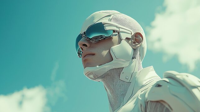 Futuristic cyborg man looking up at sky.