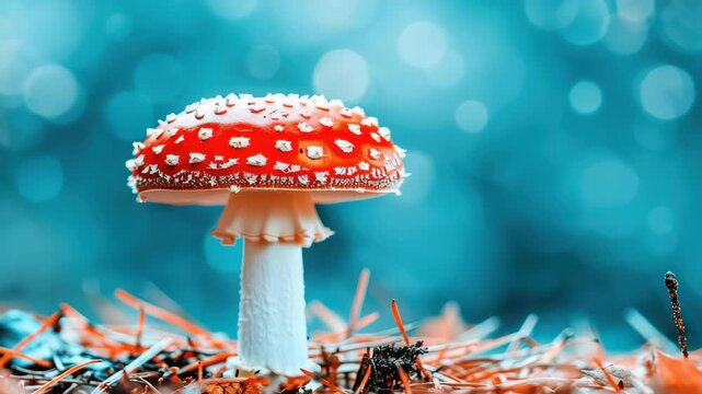 Amanita Muscaria Mushroom in Forest Floor: A striking red-and-white spotted mushroom stands tall amidst the fallen leaves and twigs on a forest floor, its vibrant cap catching the soft.