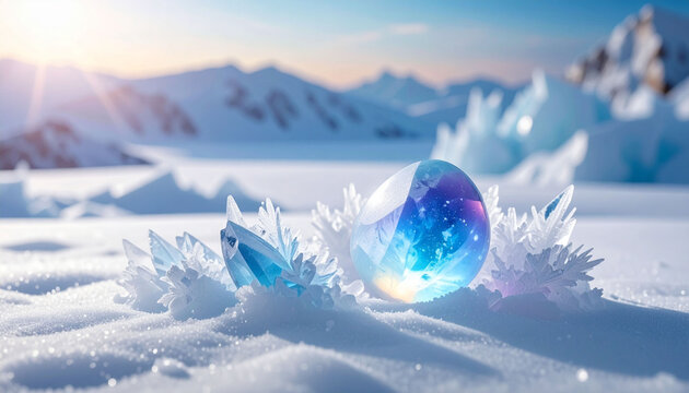 雪原に輝くクリスタルの卵と氷の結晶　冬の神秘的な風景と幻想的なライトアップ背景　コピースペースのある広大な北極のイメージ素材　ファンタジーな世界観を表現するWebデザインやバナー用の高品質なデジタルアート