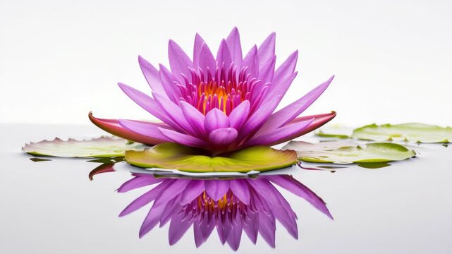 Serene Water Lily Bloom: A vibrant pink water lily floats serenely on calm water, its delicate petals unfurling to reveal a beautiful reflection.